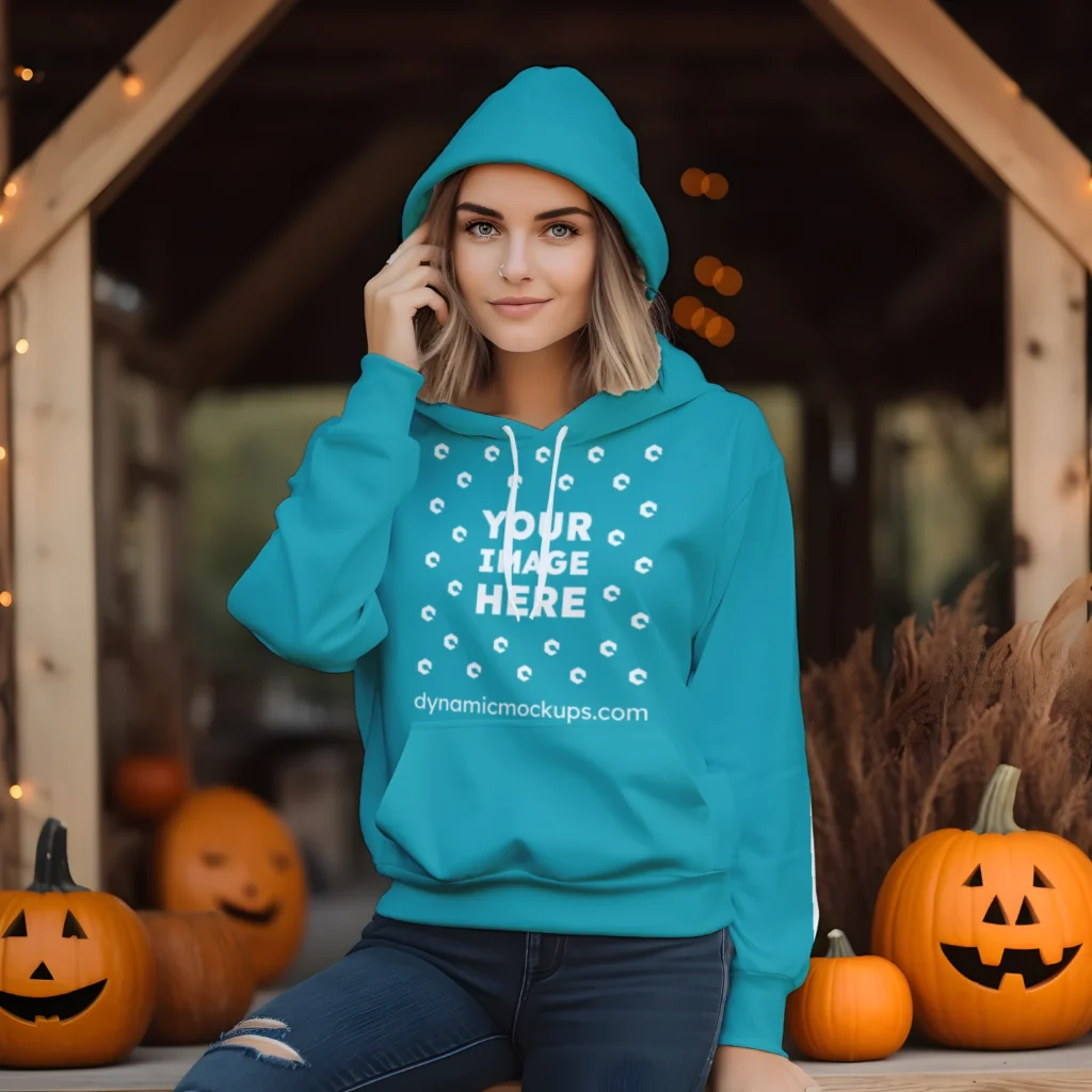 Woman Wearing Teal Hoodie Mockup Front View Template