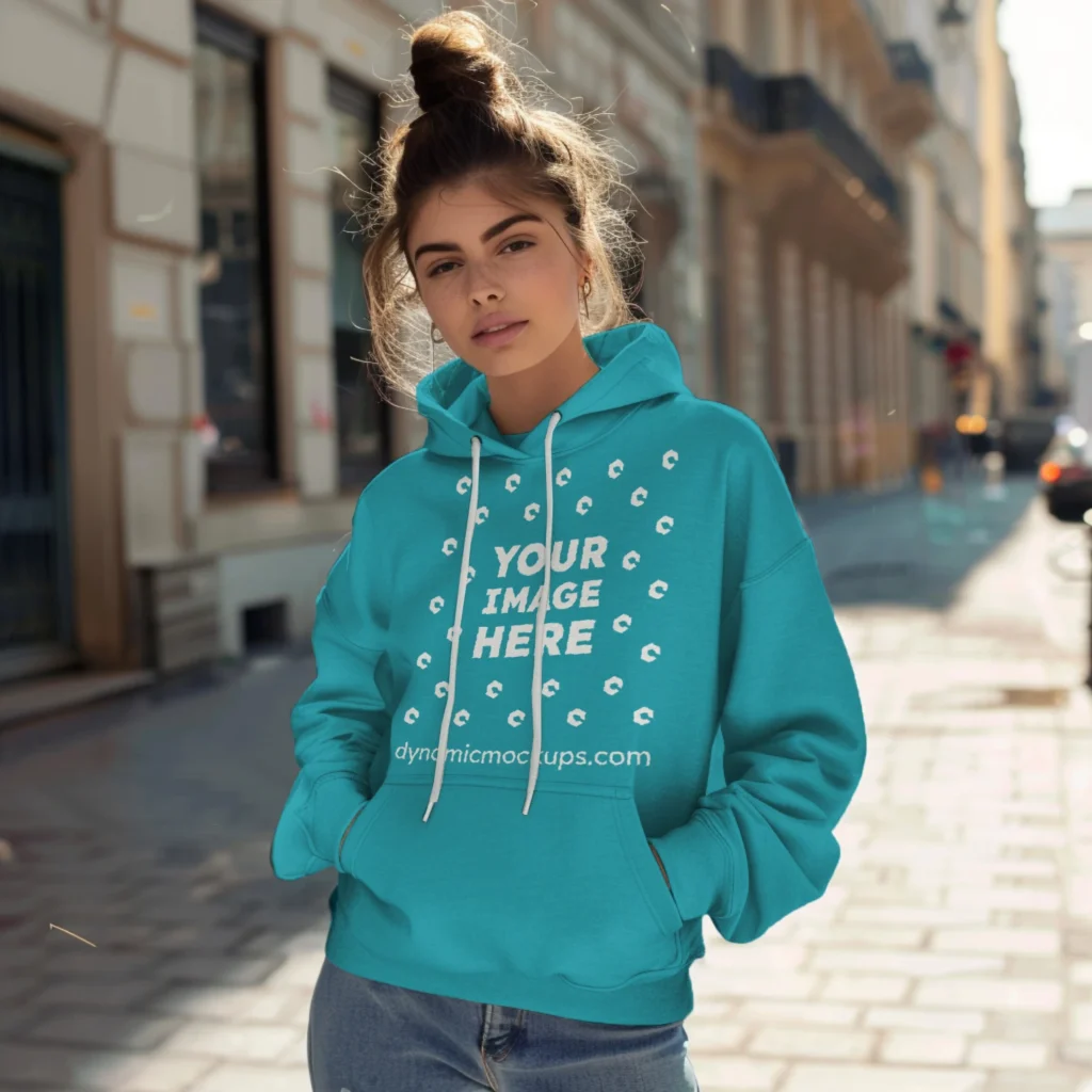 Woman Wearing Teal Hoodie Mockup Front View Template