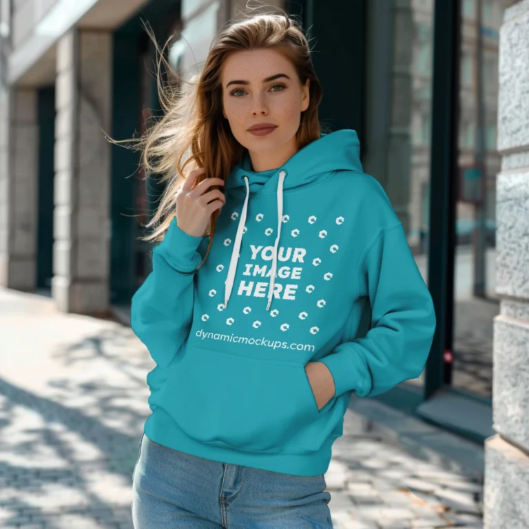 Woman Wearing Teal Hoodie Mockup Front View Template