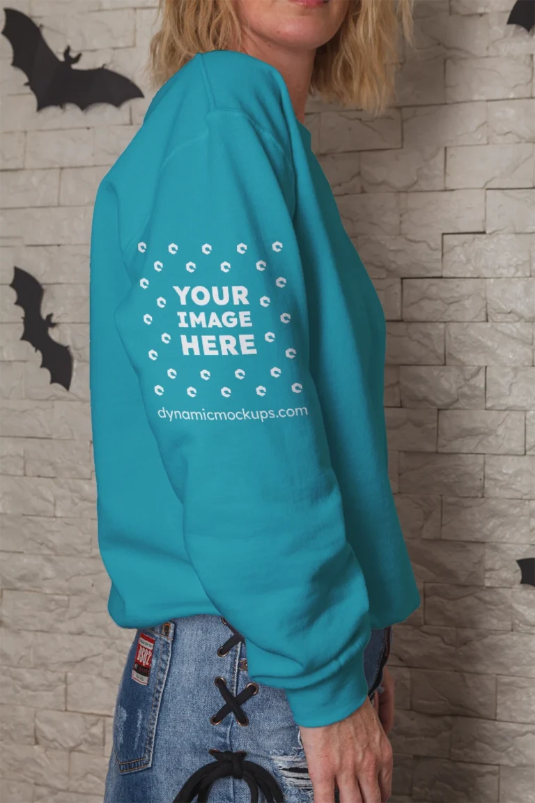 Woman Wearing Teal Hoodie Mockup Side View Template