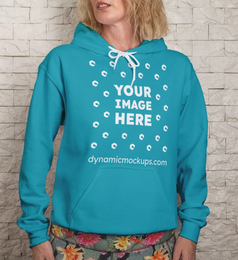 Woman Wearing Teal Hoodie Mockup Front View Template