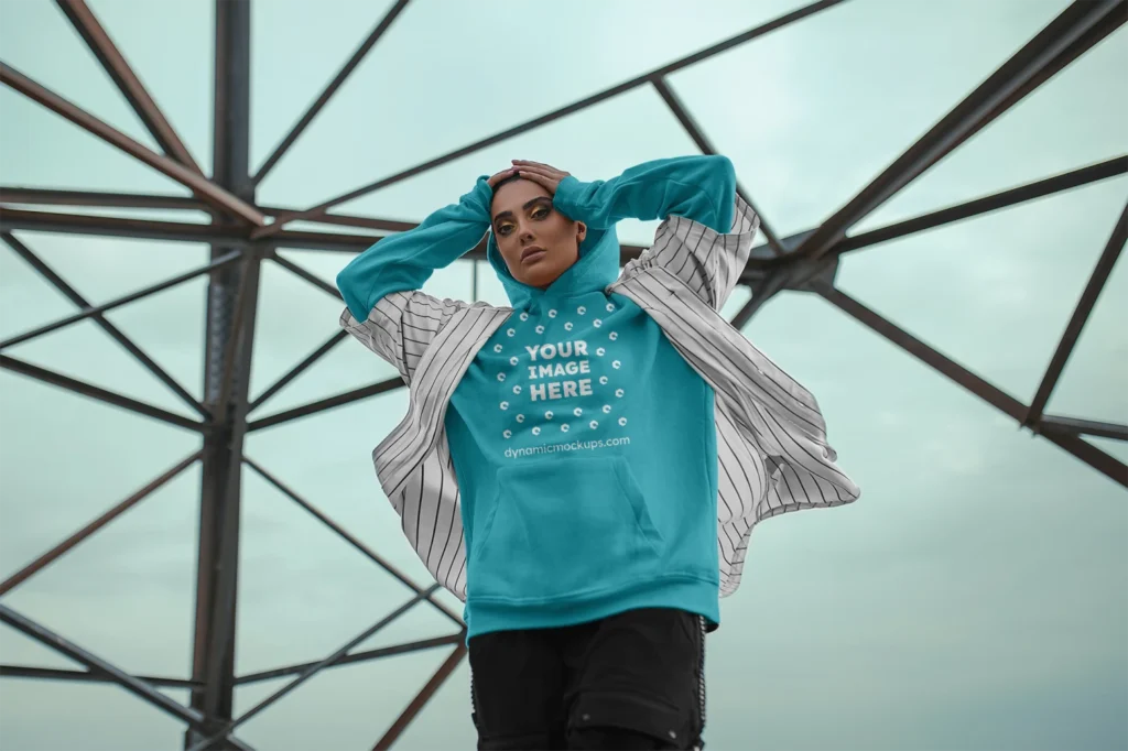 Woman Wearing Teal Hoodie Mockup Front View Template