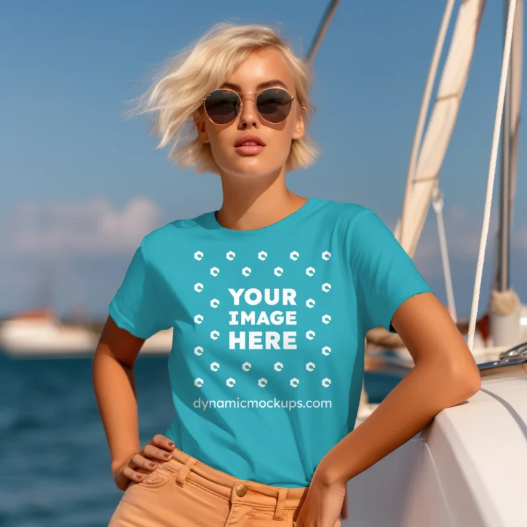 Woman Wearing Teal T-shirt Mockup Front View Template