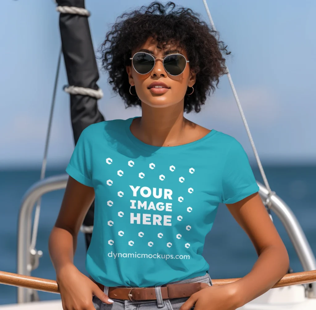 Woman Wearing Teal T-shirt Mockup Front View Template