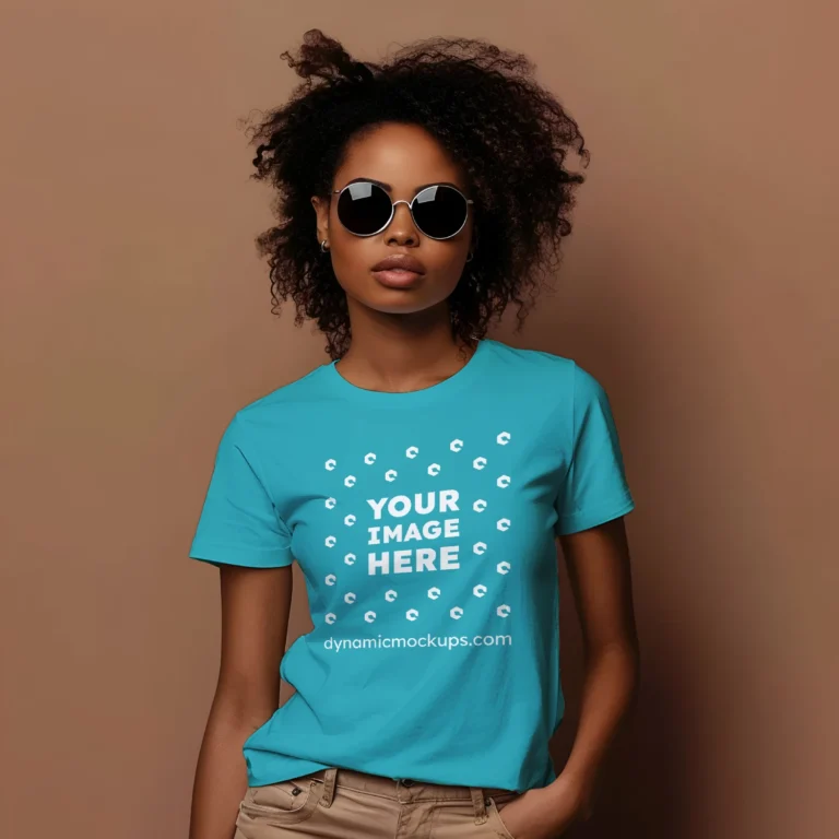 Woman Wearing Teal T-shirt Mockup Front View Template