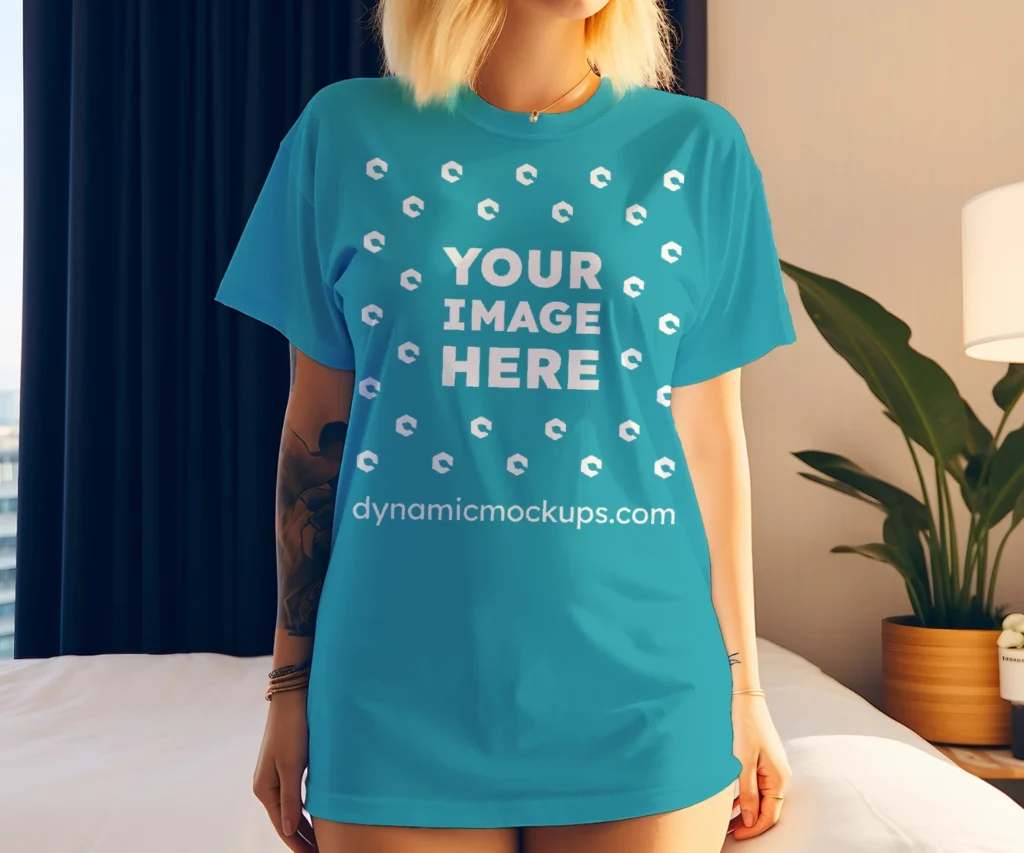 Woman Wearing Teal T-shirt Mockup Front View Template