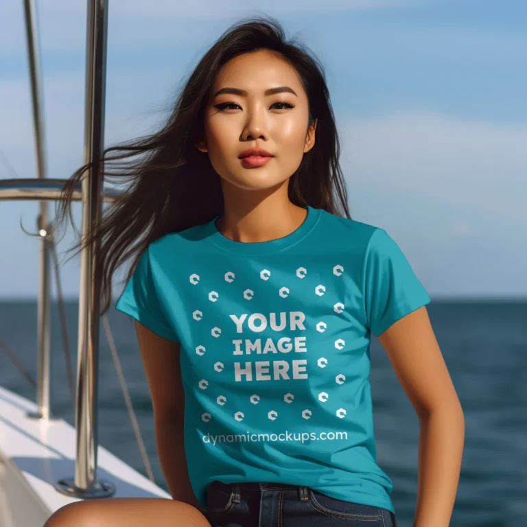 Woman Wearing Teal T-shirt Mockup Front View Template