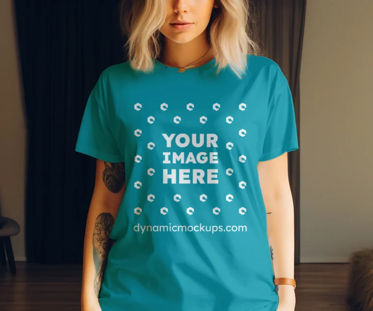 Woman Wearing Teal T-shirt Mockup Front View Template