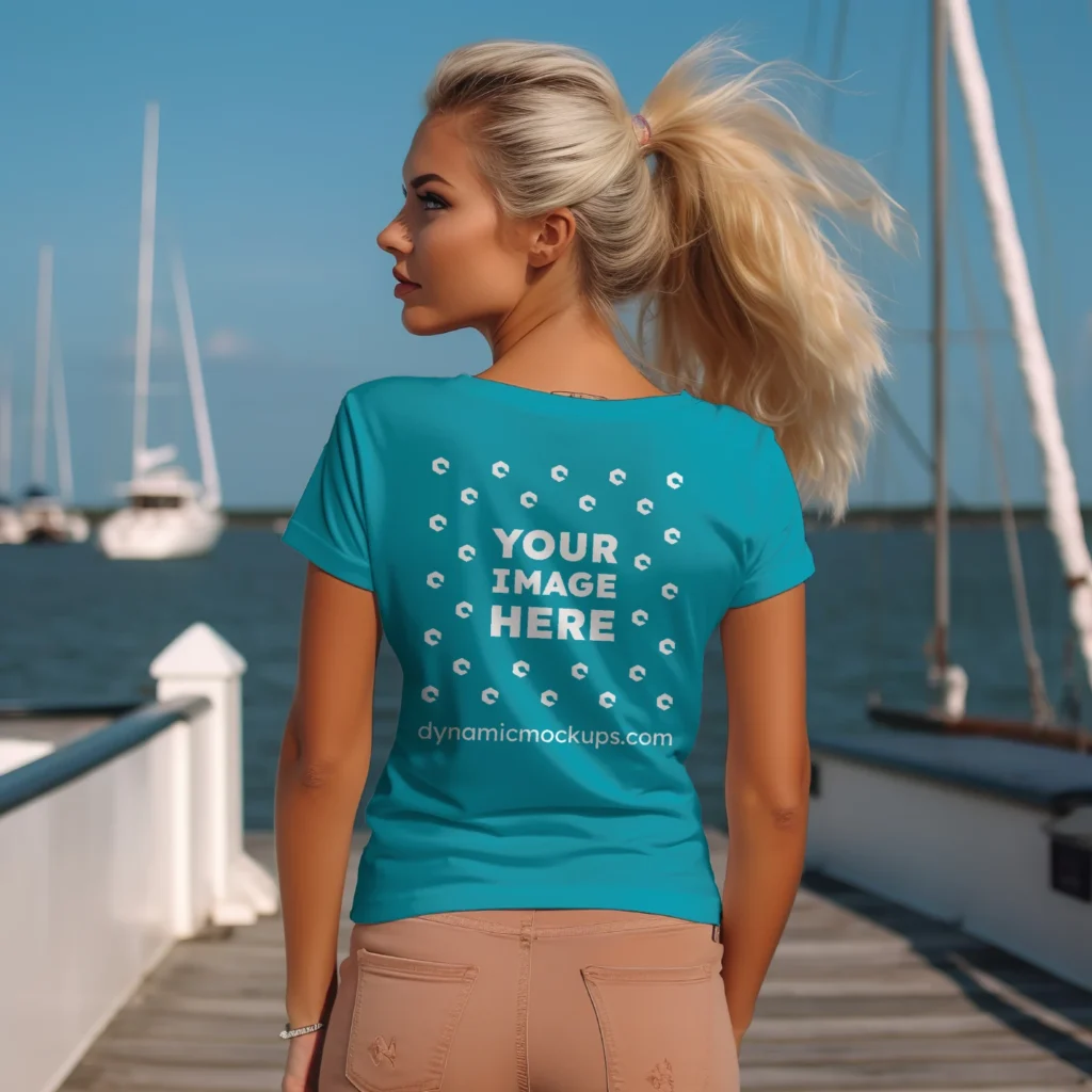 Woman Wearing Teal T-shirt Mockup Back View Template