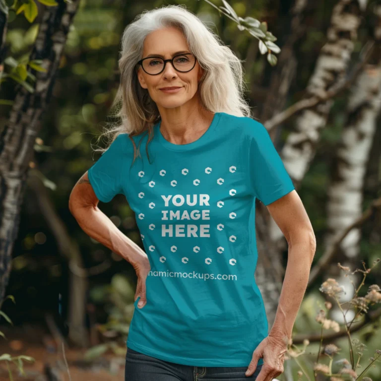 Woman Wearing Teal T-shirt Mockup Front View Template