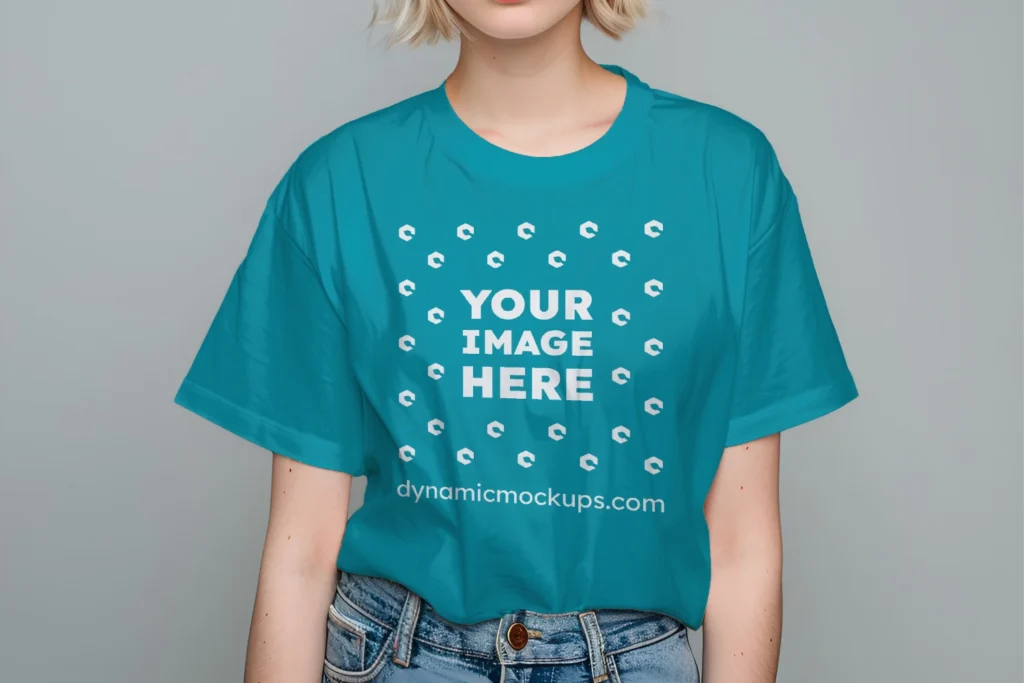 Woman Wearing Teal T-shirt Mockup Front View Template