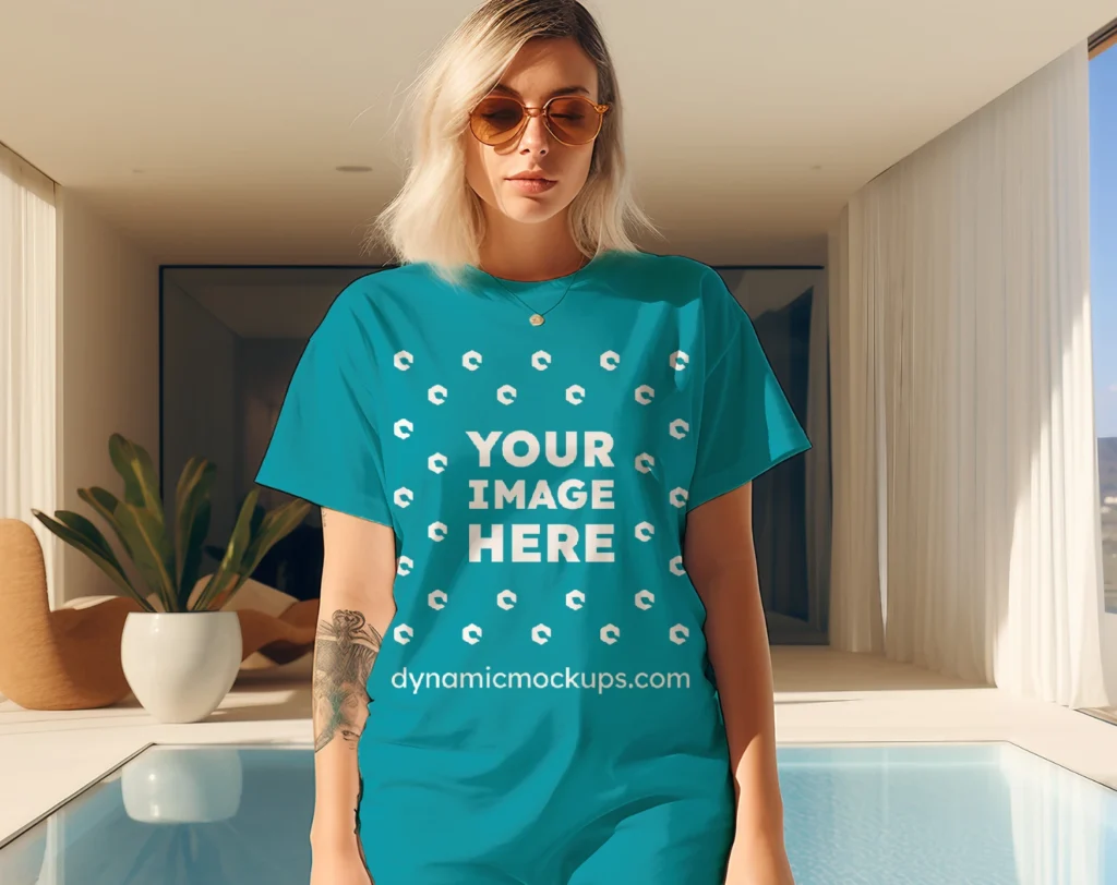 Woman Wearing Teal T-shirt Mockup Front View Template