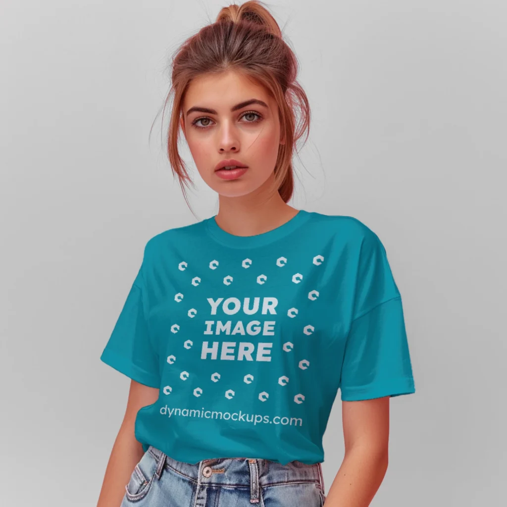 Woman Wearing Teal T-shirt Mockup Front View Template