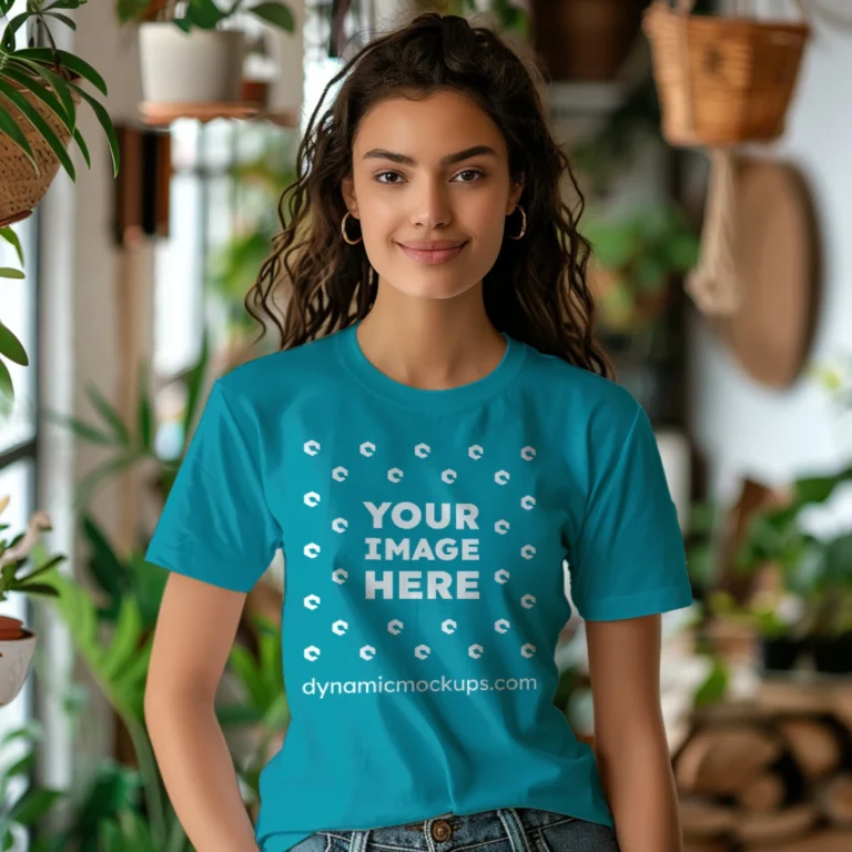 Woman Wearing Teal T-shirt Mockup Front View Template