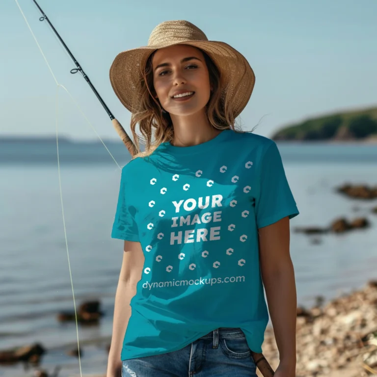 Woman Wearing Teal T-shirt Mockup Front View Template