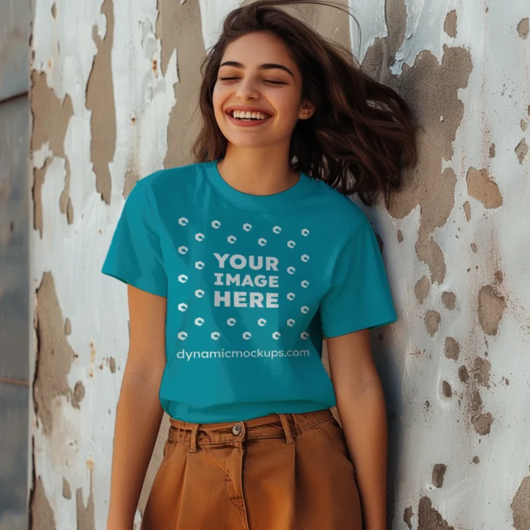 Woman Wearing Teal T-shirt Mockup Front View Template