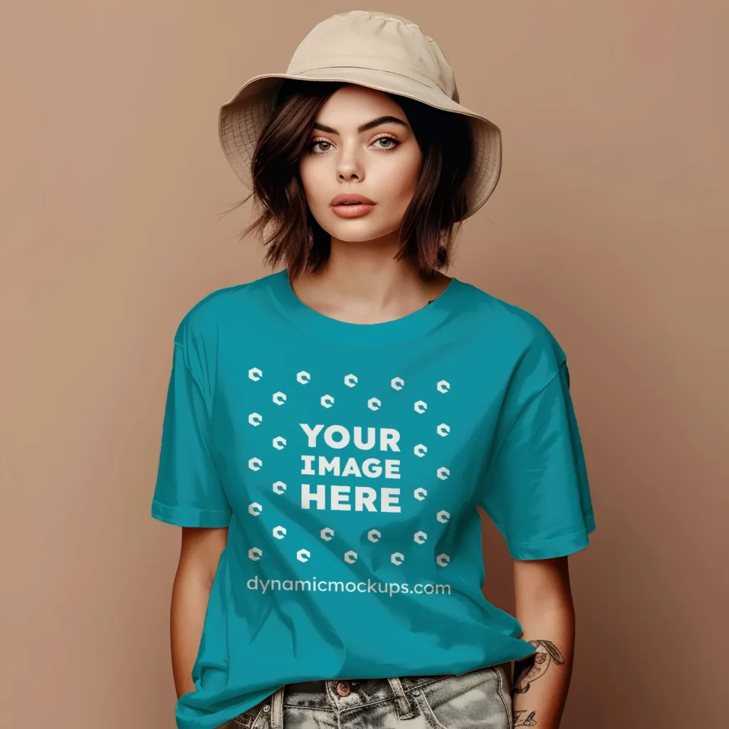 Woman Wearing Teal T-shirt Mockup Front View Template