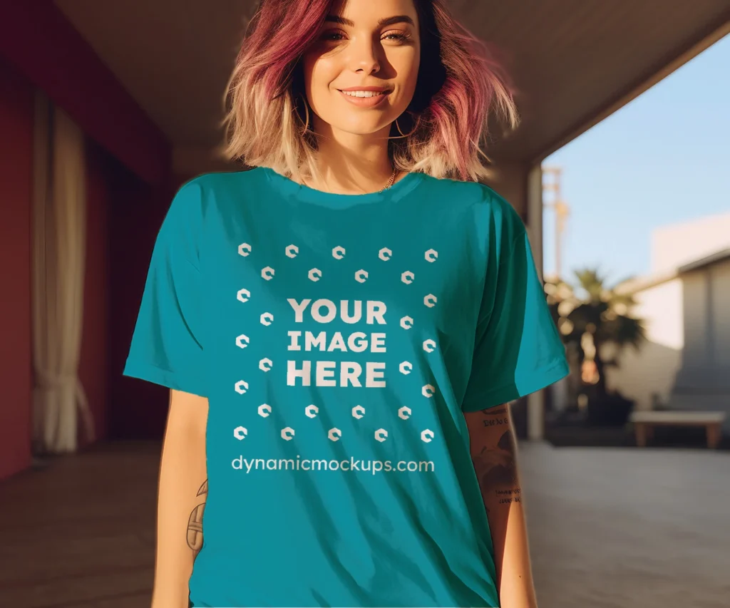 Woman Wearing Teal T-shirt Mockup Front View Template