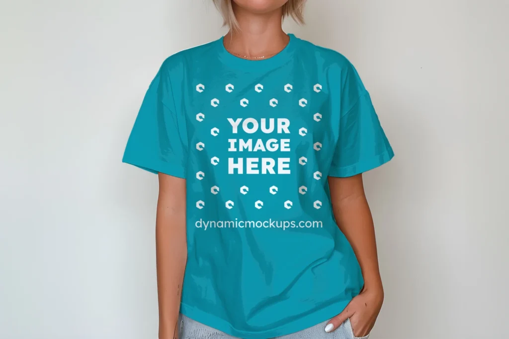 Woman Wearing Teal T-shirt Mockup Front View Template