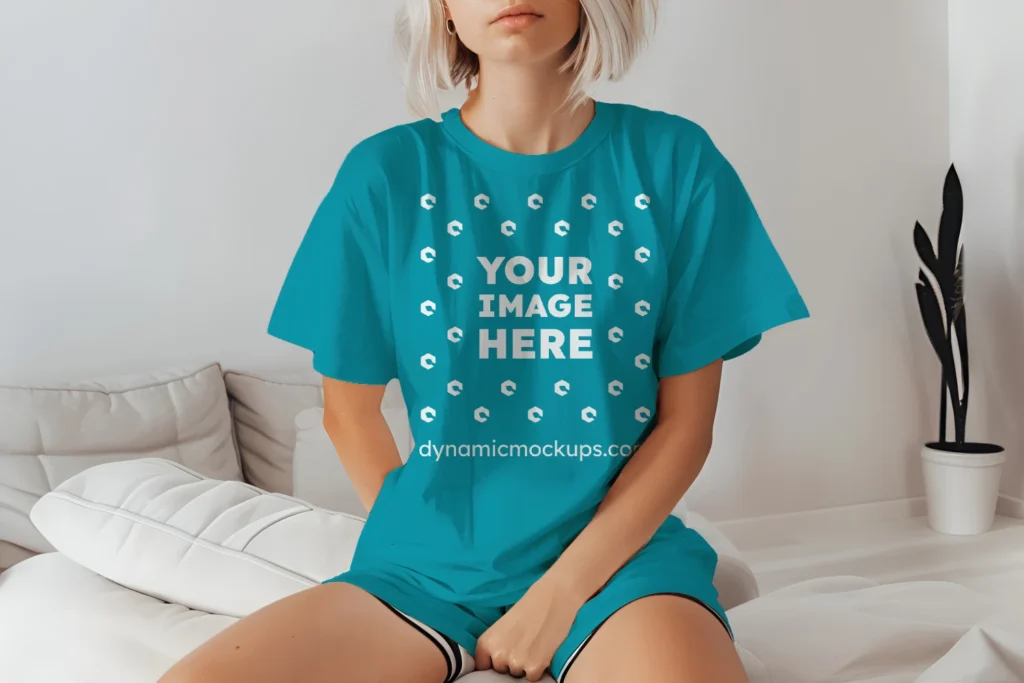 Woman Wearing Teal T-shirt Mockup Front View Template