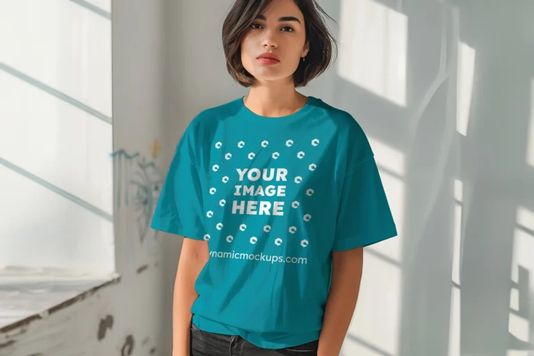 Woman Wearing Teal T-shirt Mockup Front View Template