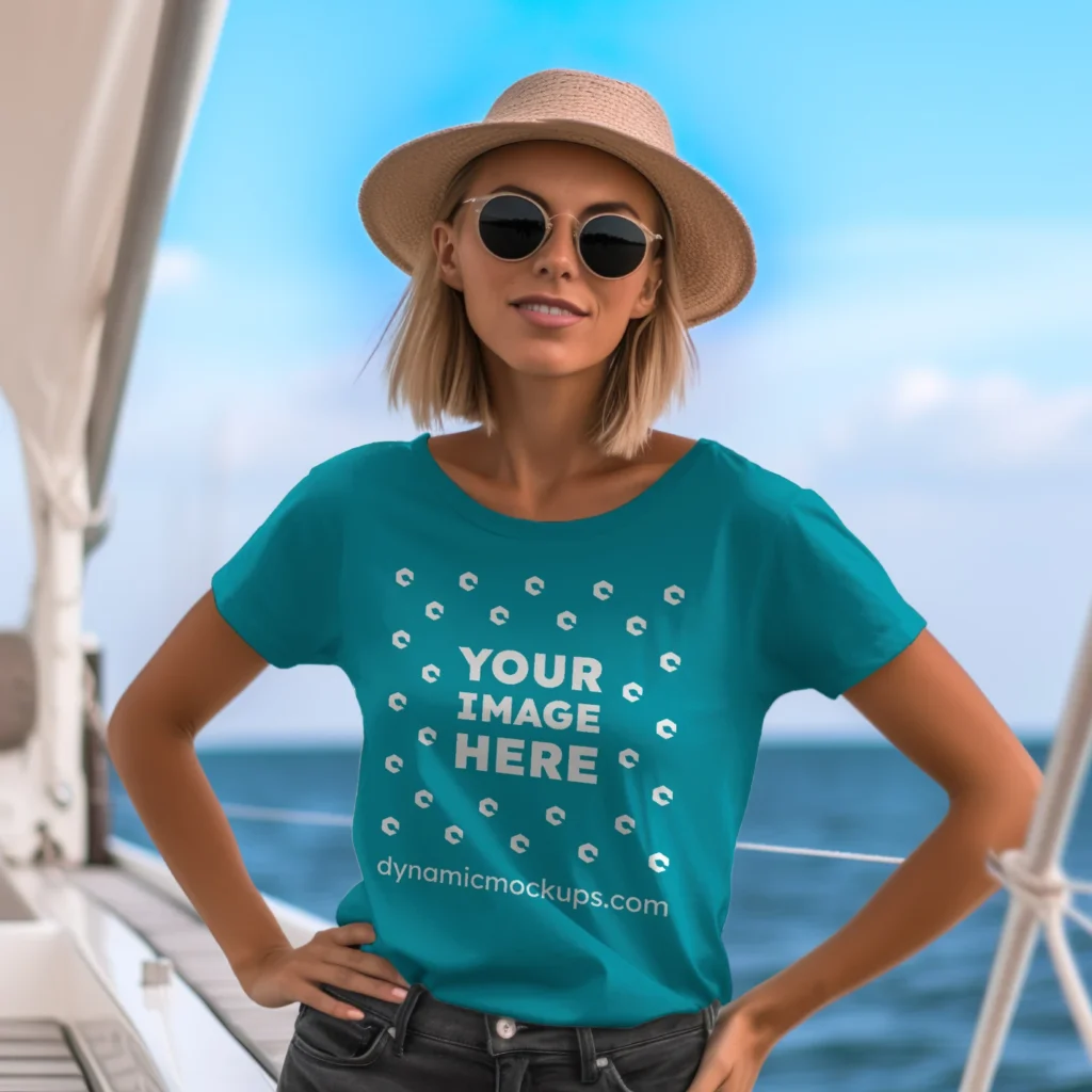 Woman Wearing Teal T-shirt Mockup Front View Template