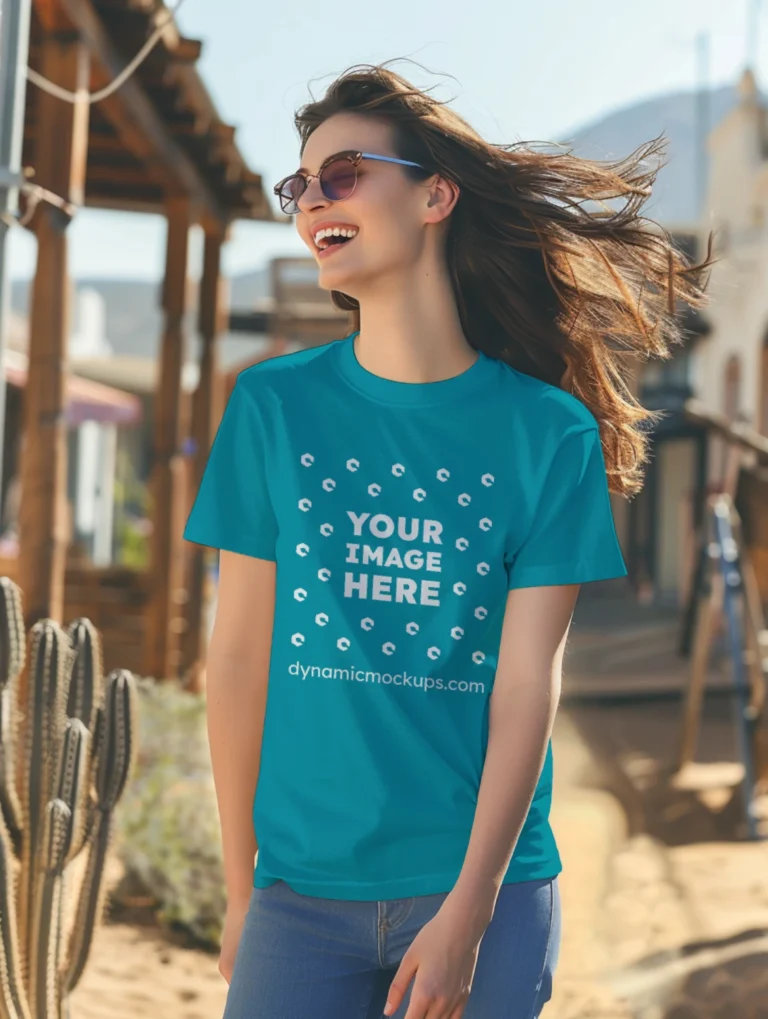 Woman Wearing Teal T-shirt Mockup Front View Template