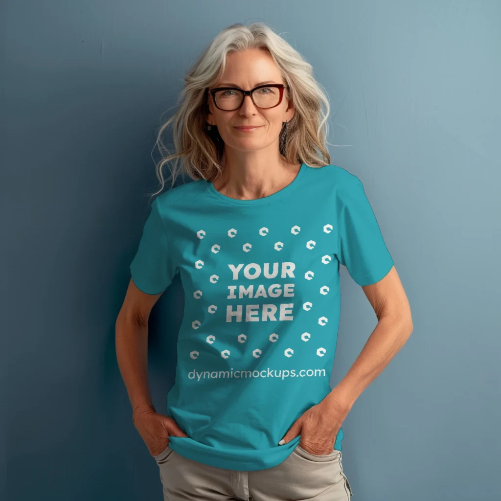 Woman Wearing Teal T-shirt Mockup Front View Template