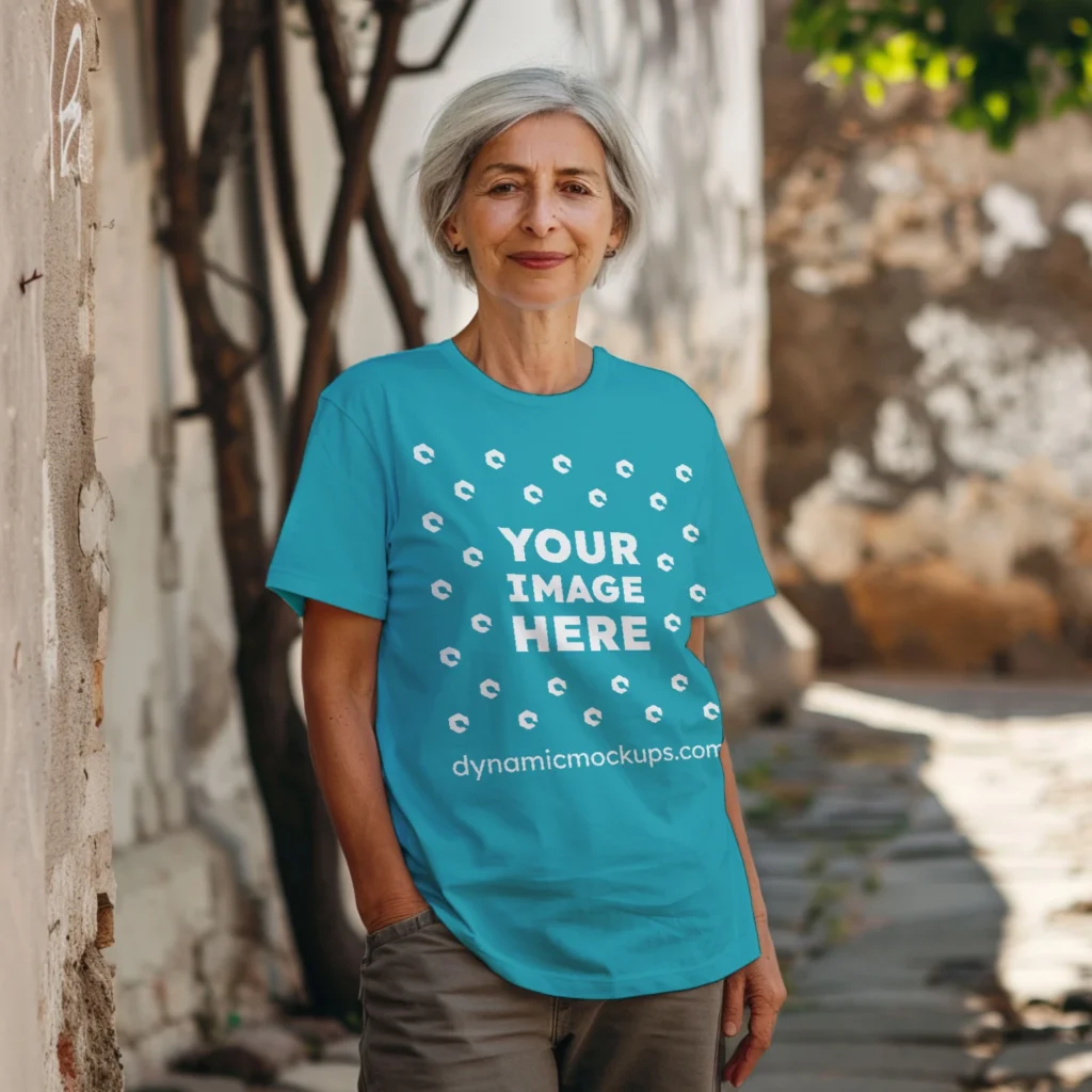 Woman Wearing Teal T-shirt Mockup Front View Template