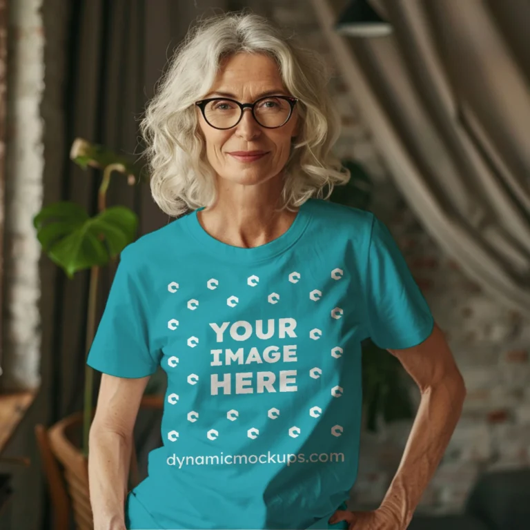 Woman Wearing Teal T-shirt Mockup Front View Template