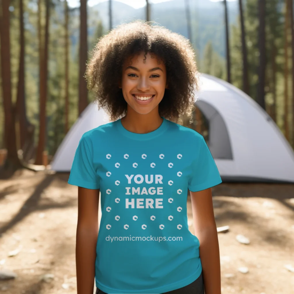 Woman Wearing Teal T-shirt Mockup Front View Template