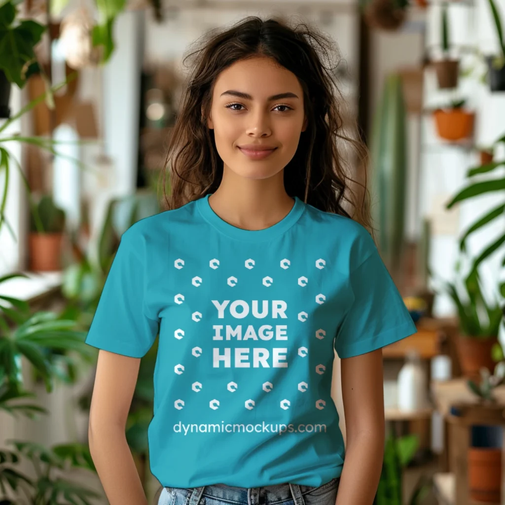 Woman Wearing Teal T-shirt Mockup Front View Template