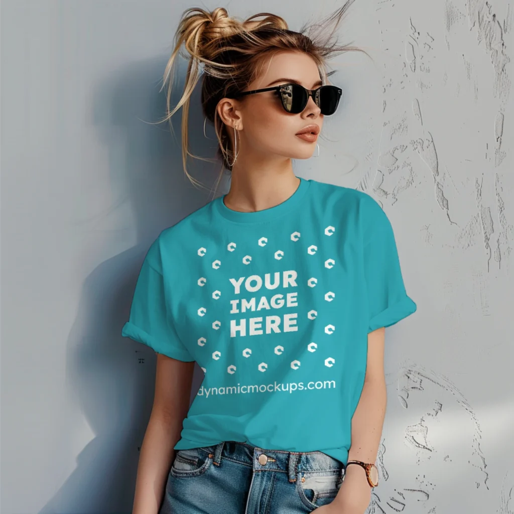 Woman Wearing Teal T-shirt Mockup Front View Template