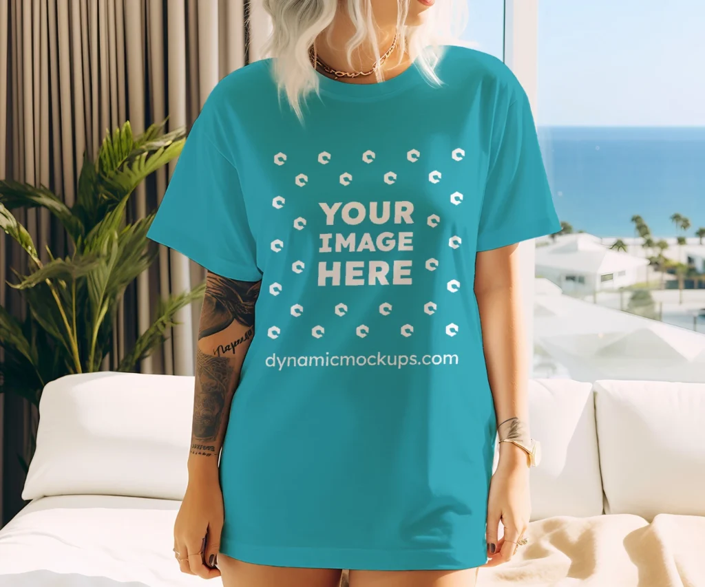 Woman Wearing Teal T-shirt Mockup Front View Template