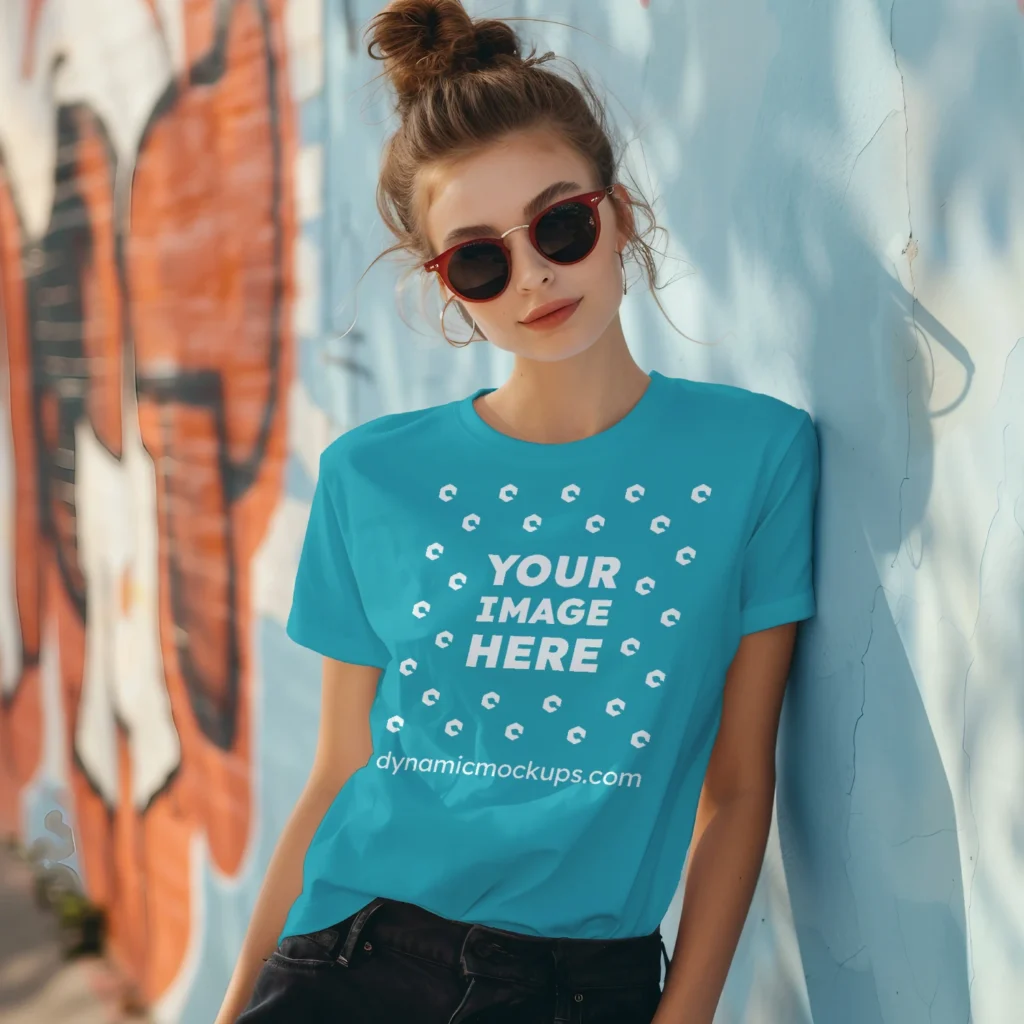 Woman Wearing Teal T-shirt Mockup Front View Template