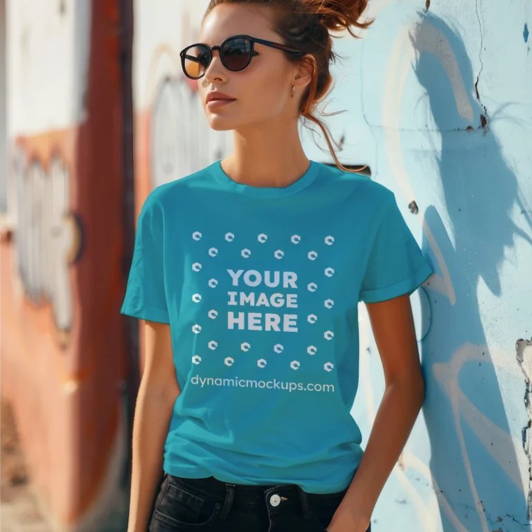 Woman Wearing Teal T-shirt Mockup Front View Template