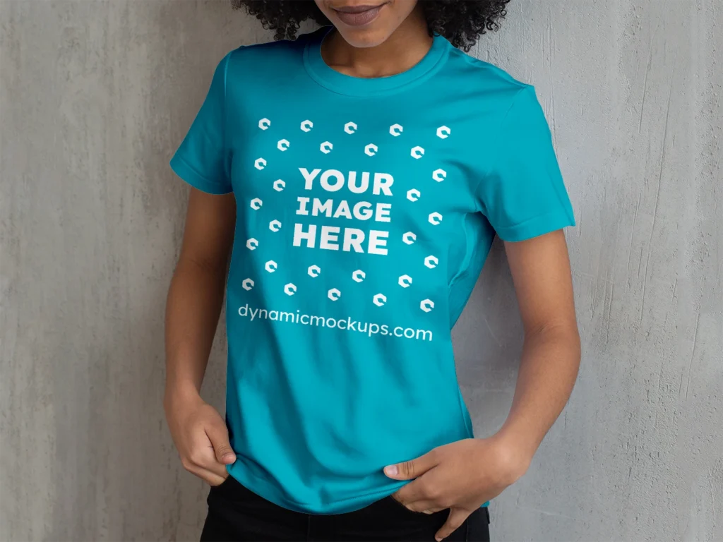 Woman Wearing Teal T-shirt Mockup Front View Template