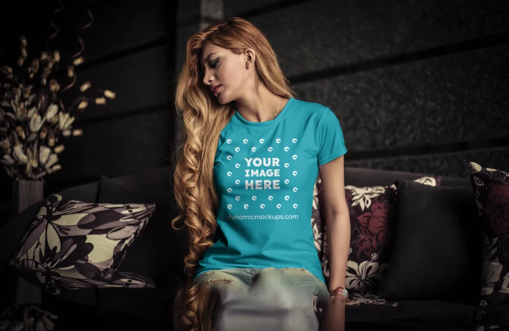 Woman Wearing Teal T-shirt Mockup Front View Template