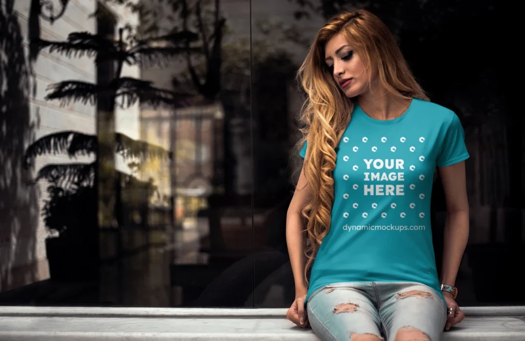 Woman Wearing Teal T-shirt Mockup Front View Template