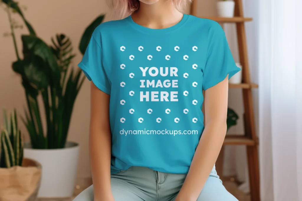 Woman Wearing Teal T-shirt Mockup Front View Template