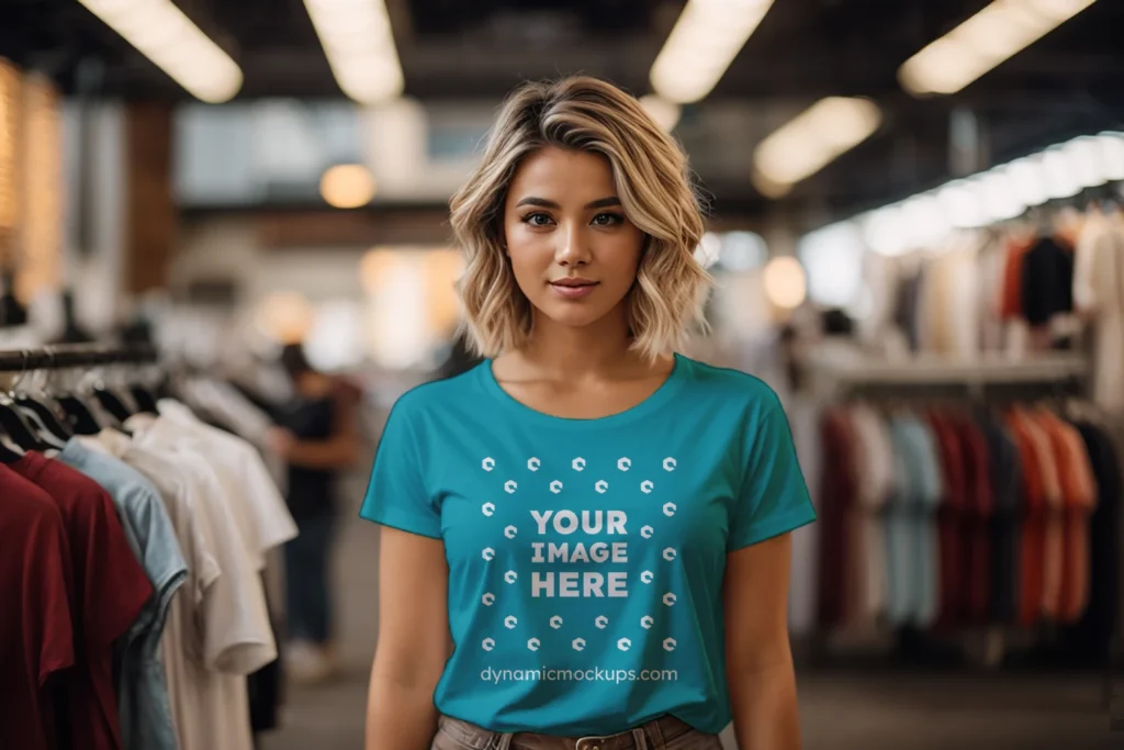 Woman Wearing Teal T-shirt Mockup Front View Template