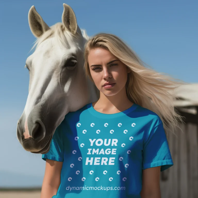 Woman Wearing Teal T-shirt Mockup Front View Template