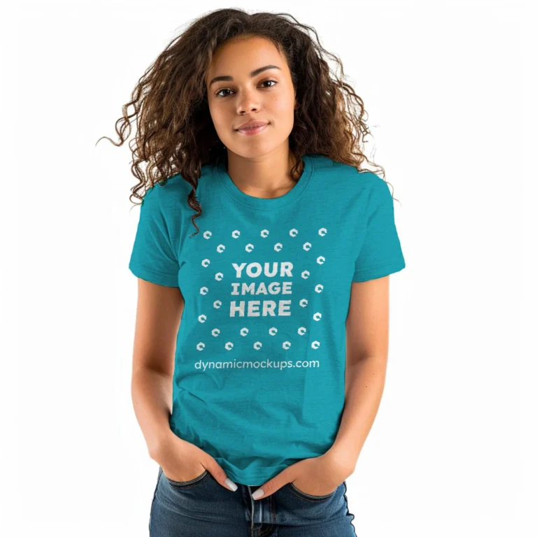 Woman Wearing Teal T-shirt Mockup Front View Template