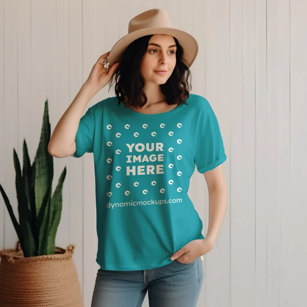 Woman Wearing Teal T-shirt Mockup Front View Template