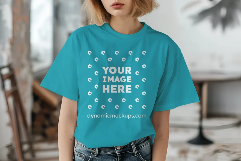 Woman Wearing Teal T-shirt Mockup Front View Template