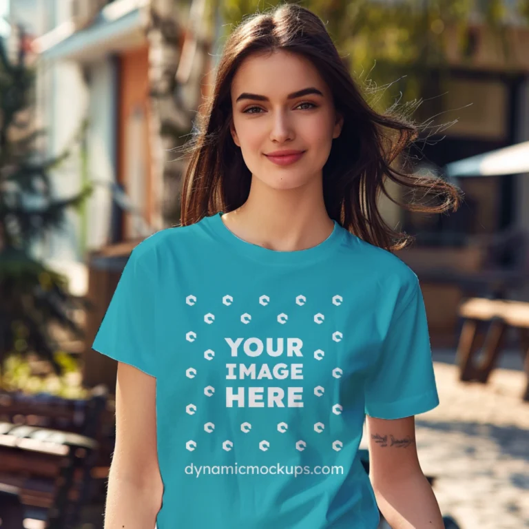 Woman Wearing Teal T-shirt Mockup Front View Template