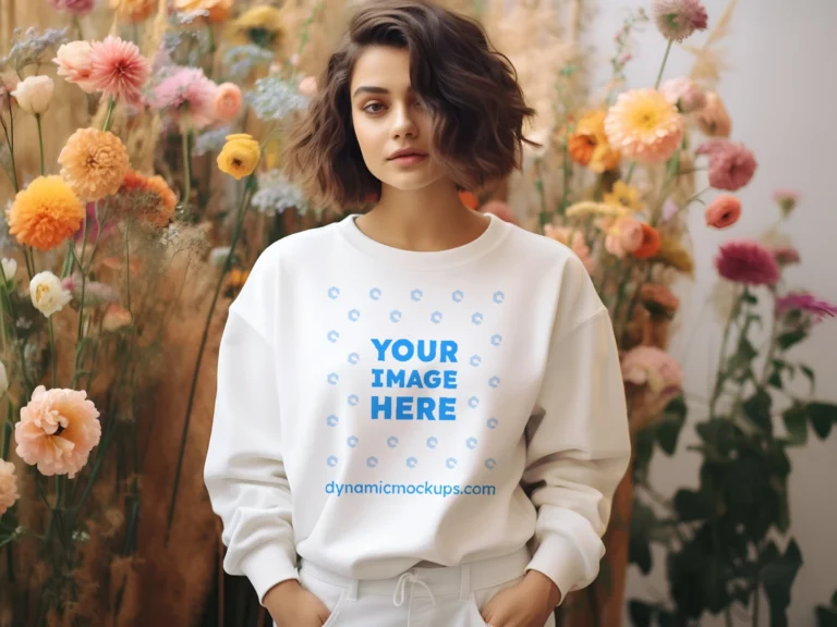 Woman Wearing White Sweatshirt Mockup Front View Template