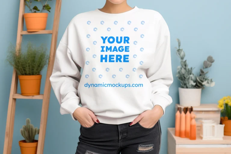 Woman Wearing White Sweatshirt Mockup Front View Template