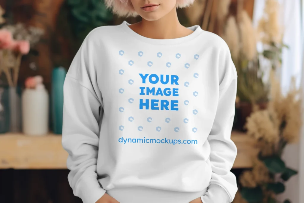 Woman Wearing White Sweatshirt Mockup Front View Template