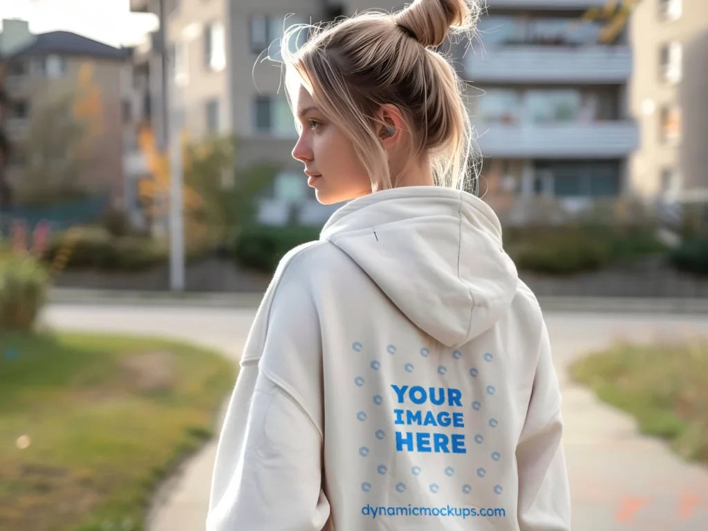 Woman Wearing White Hoodie Mockup Back View Template